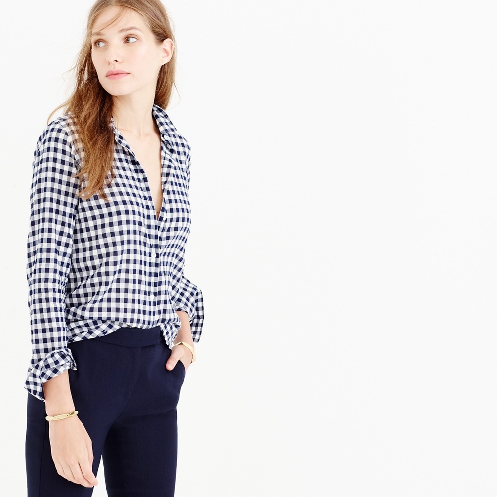 J.Crew Factory Blue & White Cotton Gingham Button Down Top Size XS